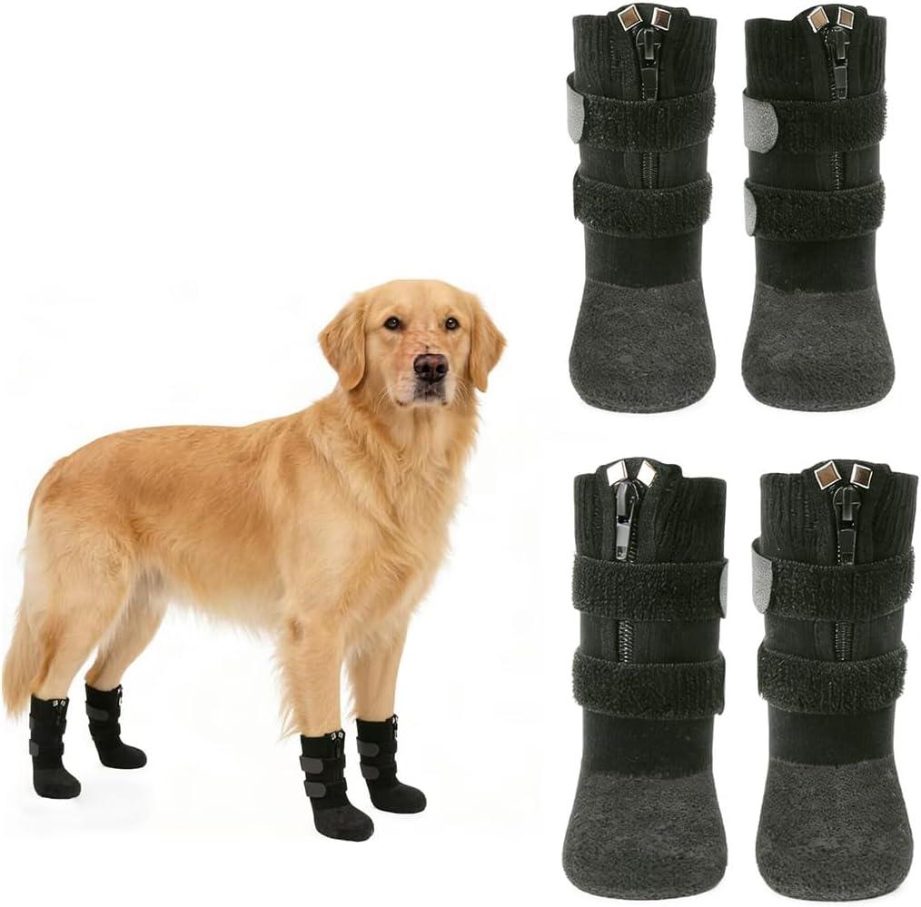 Anti Slip Dog Socks Boots with Zipper,Waterproof Dog Shoes to Prevent Licking Paws,Winter Snow Rain Days/Hot Pavement Protection for Small Medium Large Senior Dogs (Black, Small)