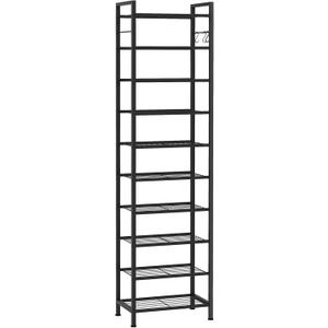 usikey 10 Tiers Narrow Shoe Rack 20-30 Pairs, Sturdy Metal Tall Shoe Rack Shelf with 4 Hooks, Slim Shoe Storage with Metal Shelf, Space Saving Vertical Shoe Organizer for Entryway, Closets, Black (10 Tier ( 17.9 x 11 x 69.2 inches))