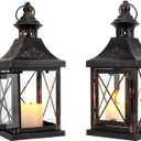 TRIROCKS Set of 2 Decorative Candle Lantern 11'' High Metal Candle Holder Hanging Lantern Perfect for Home Decor Halloween Living Room Parties Events Tabletop Indoors Outdoors (Black with Gold Brush)