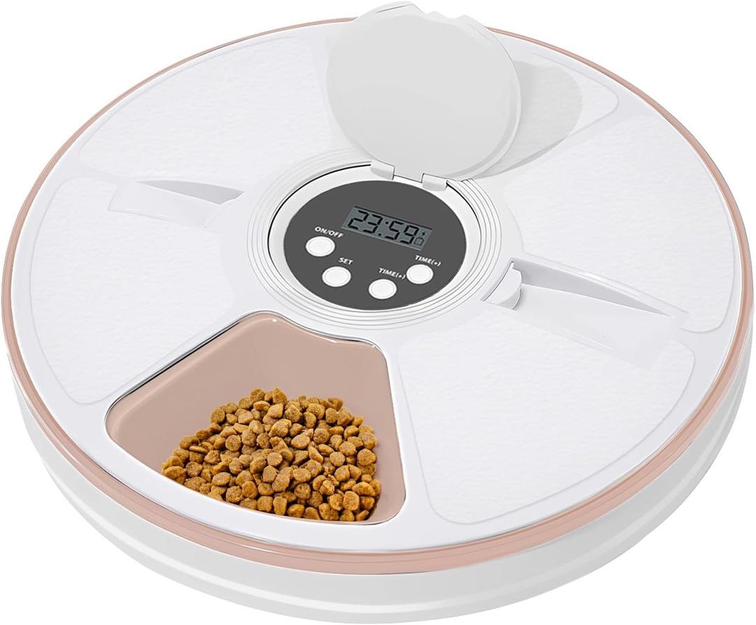 Automatic Cat Feeder for Dry Food,Supplement & Treats 6 Compartment Timed Cat Food Dispenser for Cats and Small DogsNo Ice Needed Automatic Dog Feeder (Pink)