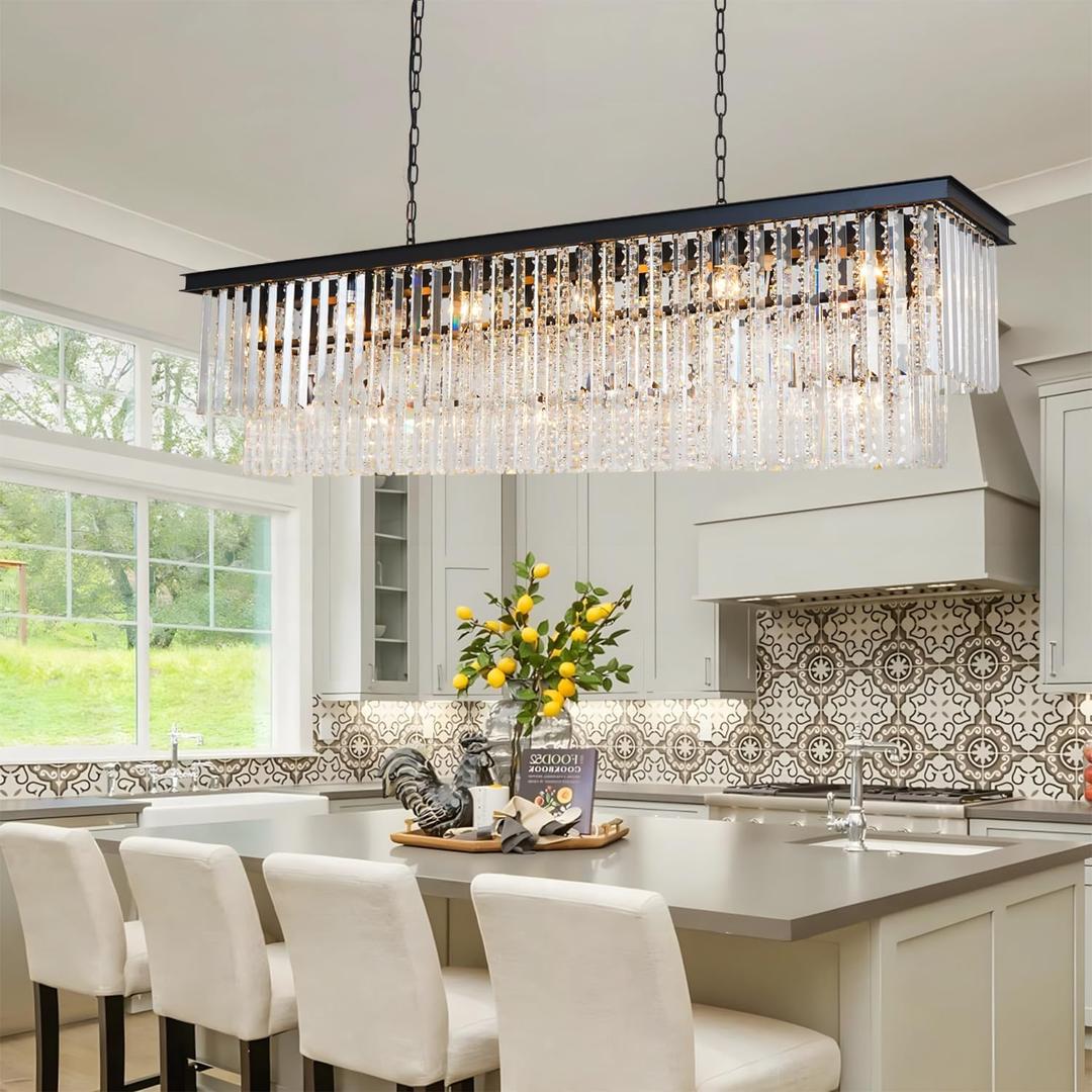 Large Rectangular Dining Room Chandelier for Extra-Long Tables, 55'' Linear Light Fixture with 21 Lights, Not for Kitchen Island or Small Dining Rooms (Black)