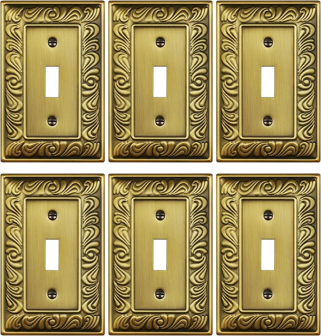 6-Pack Single Toggle Light Switch Cover Plate, Paisley Pattern Decorative Switch Plate Covers, Antique Brass 1 Gang Metal Wall Plate, Corrosion Resistant
