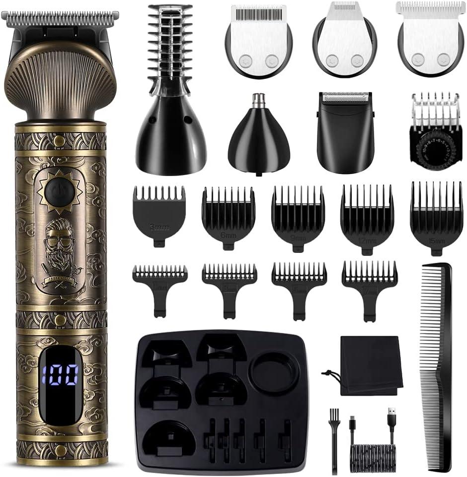 Beard Trimmer Kit Professional Hair Clipper Zero Gapped T-Blade Electric Shaver Razor Nose Body Trimmer for Men Cordless Grooming Kit 7 in 1 (Bronze)