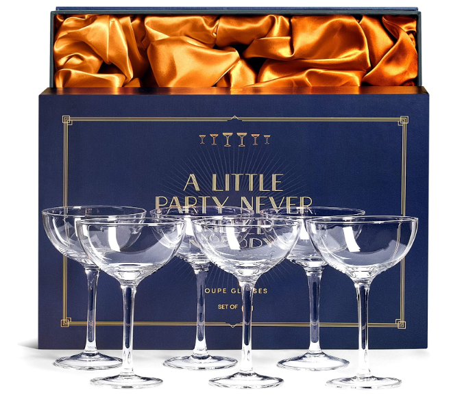 Vintage Crystal Champagne Coupe Glasses | Set of 6 | 4-5 oz Classic Cocktail Glassware - Martini, Manhattan, Cosmopolitan, Sidecar, Daiquiri | 1920s Speakeasy Retro Style Saucers | Storage Box