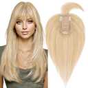 MY-LADY Human Hair Toppers for Women Real Human Hair with Bangs Thin 7 * 13CM Silk Base with Lace Clip in Remy Hairpieces 150% Density 10 Inch Ash Blonde & Bleach Blonde
