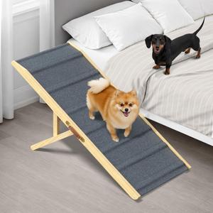 Pathosio Pets Adjustable Dog Ramp - 45" L x 18.5" W Bed Ramps for Small Dogs with 6 Incline Levels & Non-Slip Traction Carpet - Also Ideal for Medium & Large Breeds (Natural)
