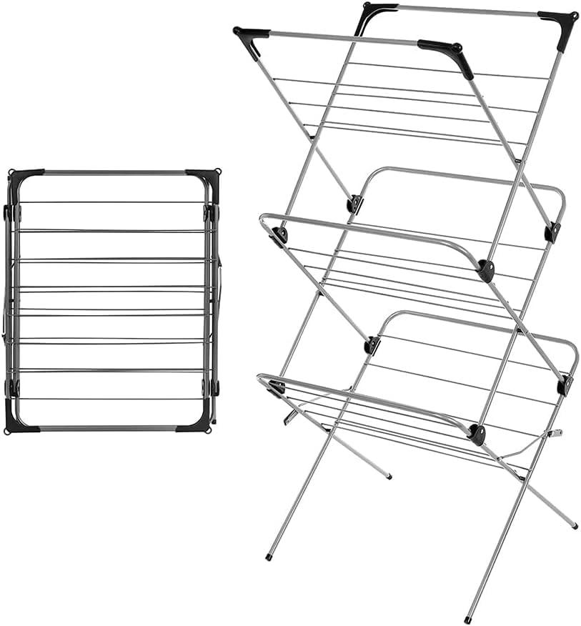 Premium Quality, Alloy Steel 3 Tier Clothes Airer Dryer Laundry Drying Washing Line Horse Indoor Outdoor Towel Rack-15m Drying Space- Non-Slip Feet and Corner Spaces for Hangers - Black & Grey