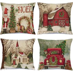Hlonon Christmas Decorations Christmas Pillow Covers 18 x 18 Inches Set of 4 - Xmas Series Cushion Pillow Cover Custom Zippered Square Pillowcase