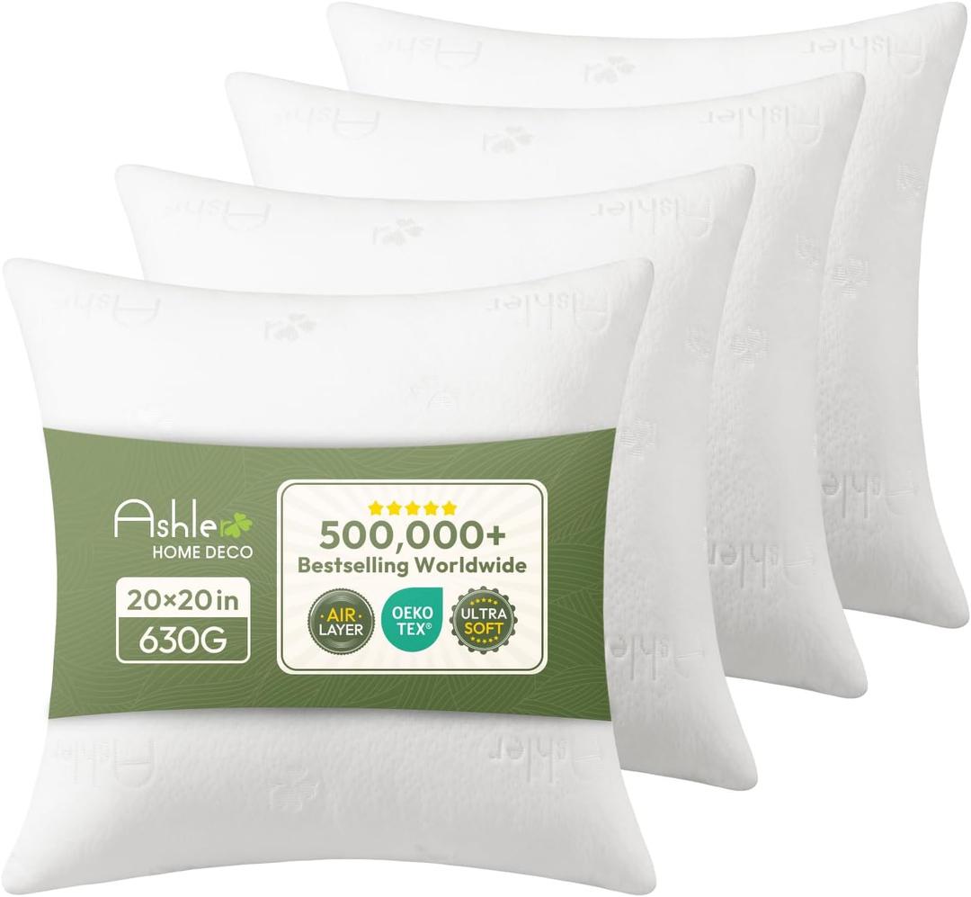 Ashler Throw Pillows Insert- 20x20 Pillow Inserts with Air Layer, Premium Bed and Couch Pillows - Indoor Decorative Throw Pillow, Square Cushion Sham Stuffer, Pack of 4, White