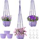 Macrame Plant Hanger with Pot, 3 Set Hanging Planters for Indoor Plants, Handmade Cotton Rope Boho Home Decor, Idea Gift for Anyone, Includes Plant Holders, Pots, Plates and Hooks (Purple)