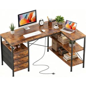 Alpen L Shaped Computer Desk, 47 Inch Corner Desk with Drawers and Power Outlets, Home Office Desk for Gaming, Study Writing PC Table with Storage and Reversible Shelf, Rustic Brown