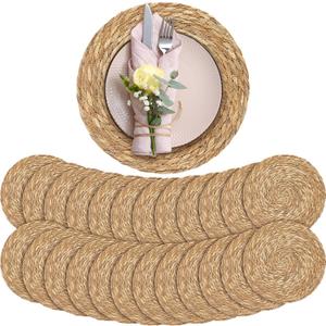 Aneco 24 Pack 13.8-Inch Round Woven Placemats Natural Hand-Woven Boho Rattan Wicker Bulrush Placemat Farmhouse Rustic Braided Table Mats for Dining & Kitchen Decor