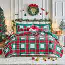 Flysheep Christmas Quilt Set 3 Pieces Queen, Red Green White Plaid Reversible Design Bedspread Coverlet Set, Soft Microfiber Lightweight Bed Cover for All Season (90" x 90", 1 Quilt+ 2 Pillow Shams)