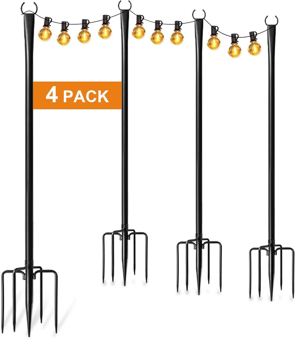 4 Pack String Light Poles for Outside, Thickened Metal Christmas Lights Hanger Pole Outdoor with Fork, Lighting Hanging Post Accessories for Patio Decor Garden Backyard Yard Outside Decorations