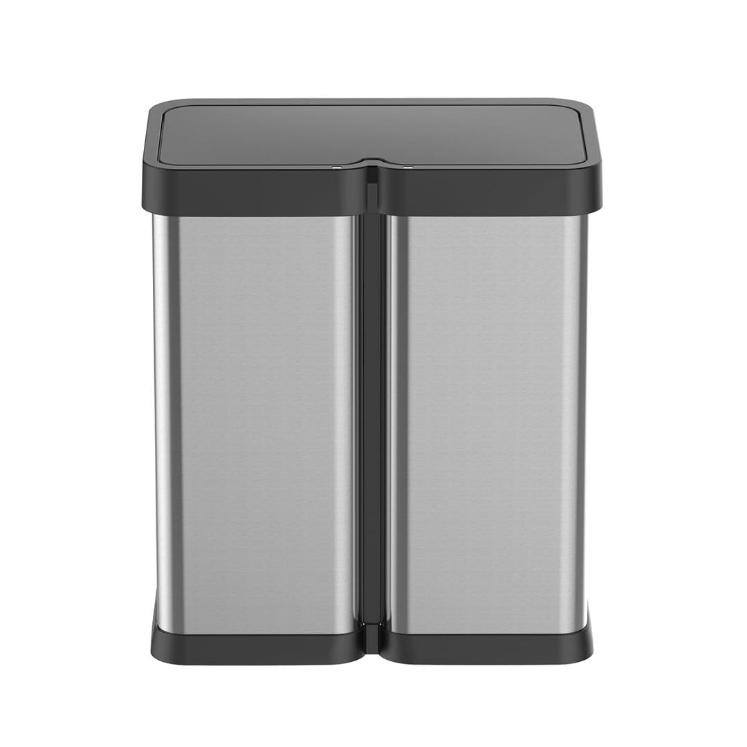 2x8 Gallon Automatic Trash Cans Touchless, Motion Sensor Dual Garbage Can with Soft Close Lid, Stainless Steel Rubbish and Recycle Bin Combo for Kitchen, Bathroom, Office, Sliver