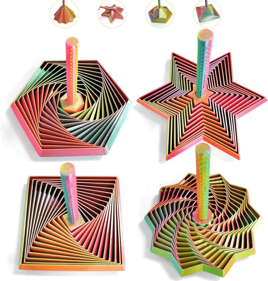 4PCS 3D Printed Fidget Toys for Adults Multi-Layer Geometric Shapes with Handle, ASMR Clicking Sound, Stress Relief Toy for Anxiety & Focus (Gold, Green, Purple, Rainbow Finish)