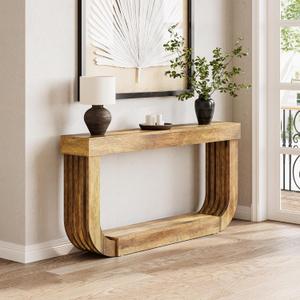 LITTLE TREE 70.9-Inch Extra Long Narrow Console Table, 2-Tier Brown Wooden Sofa Table for Living Room, Large Hallway Foyer Table with Heavy Duty U-Shaped Pedestal