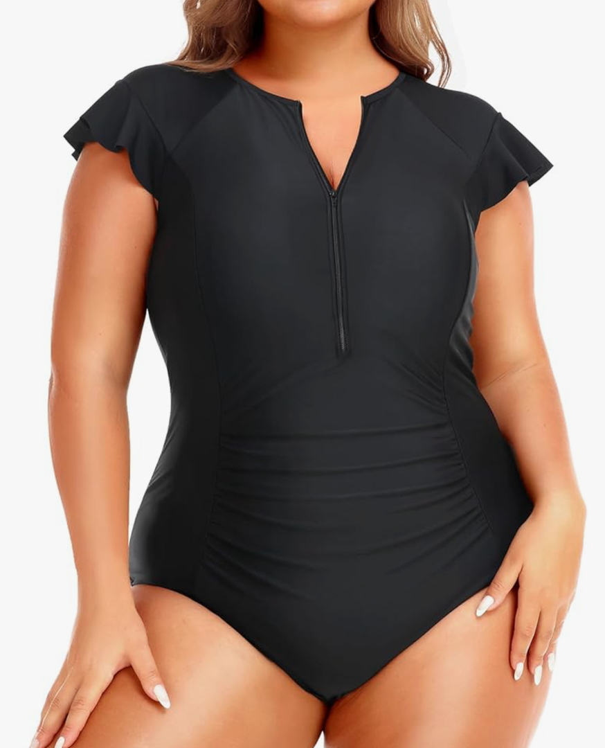 Holipick Plus Size One Piece Swimsuit for Women Tummy Control Cap Sleeves Bathing Suits Zipper Front Rash Guard Swimwear, Small
