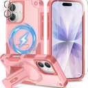 3 in 1 for iPhone 17 Case [Compatible with MagSafe] [Invisible Kickstand] [HD Screen Protector] [Camera Lens Protector], Protective Magnetic Phone Cover for iPhone 17 (Pink)
