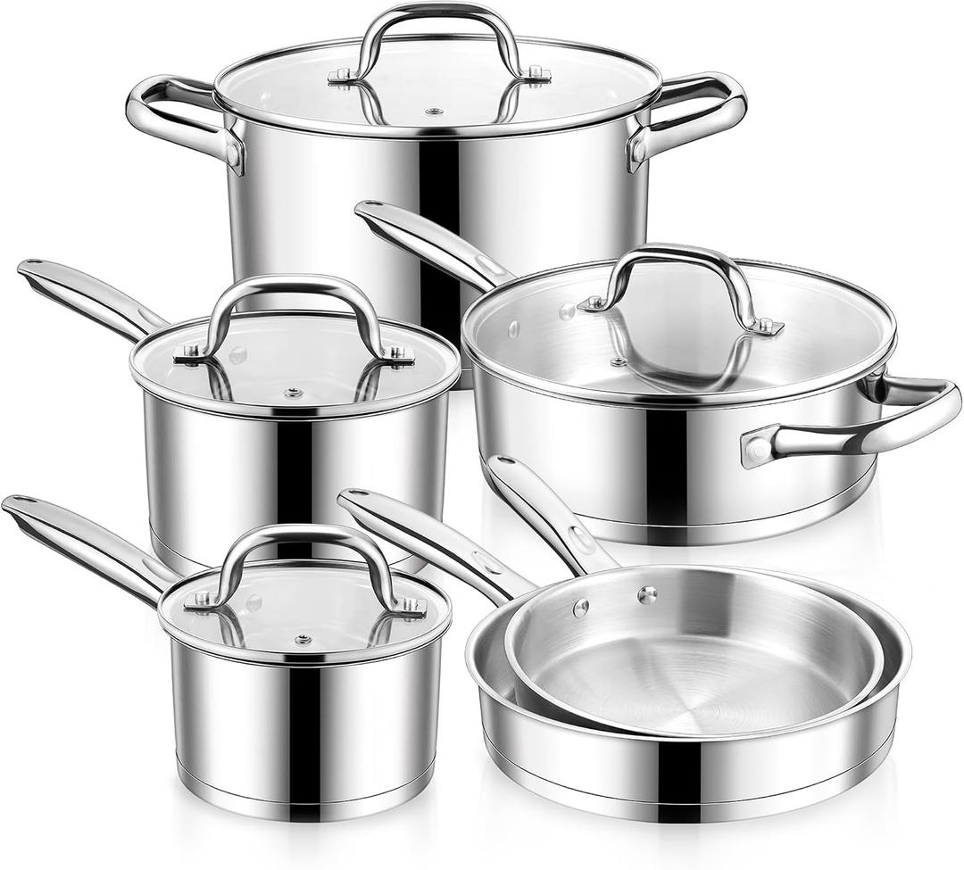 E-far 10-Piece Stainless Steel Cookware Set, Induction Pots and Pans Set with Tri-Ply Base, Non-toxic Kitchen Cooking Set w/Frying Pan, Saucepan, Saute Pan, Stockpot with Lids, Oven & Dishwasher Safe, 6 Sizes