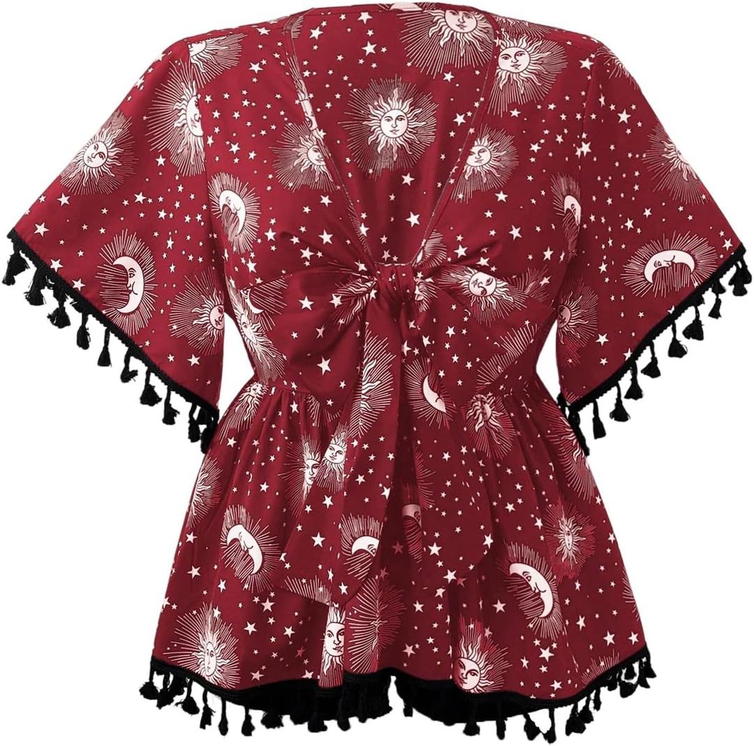 Women's Plus Size Boho Graphic Blouse Shirt Bow Tie Knot Half Sleeve Ruffle Hippie Peplum Tops (Red, XL)