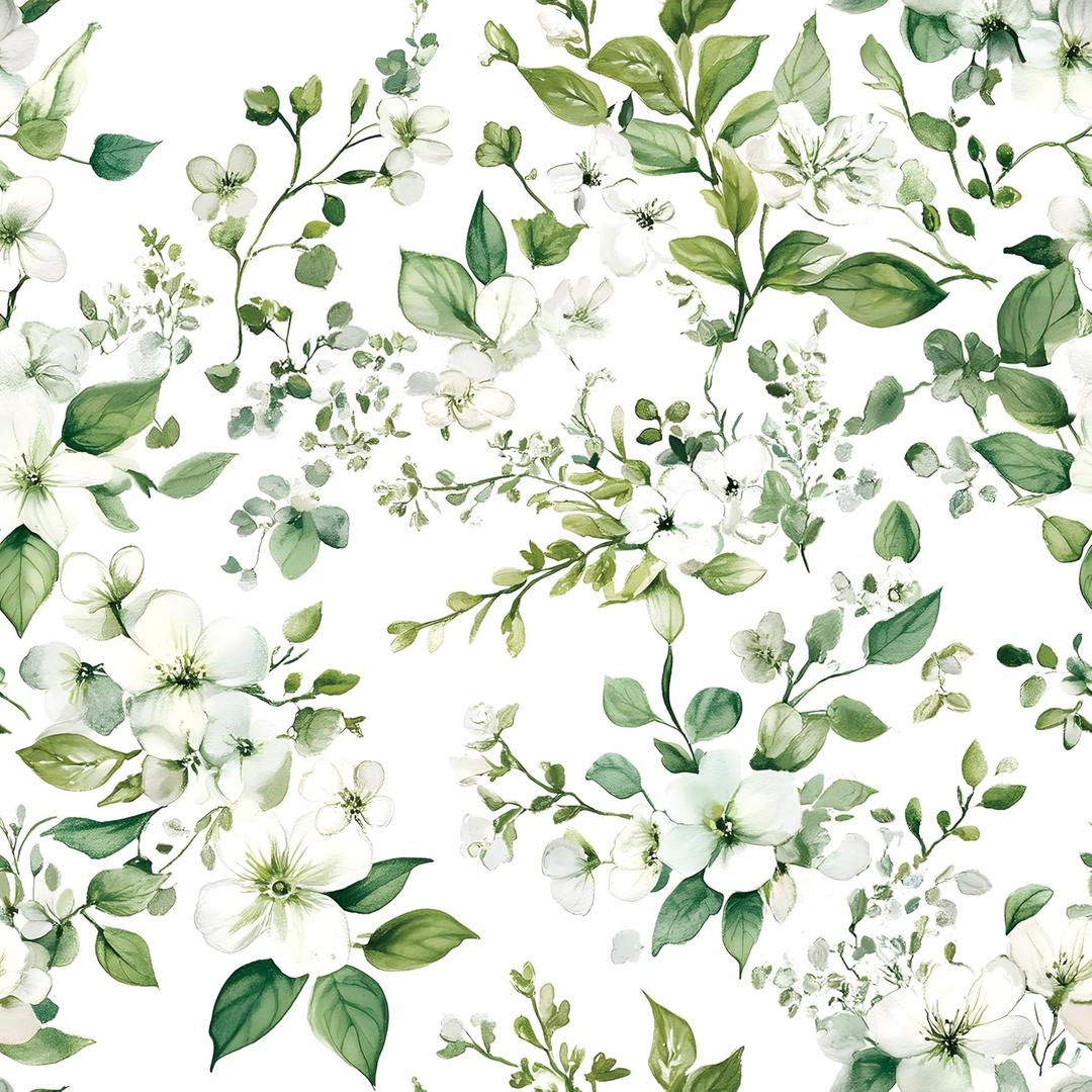 Floral Peel and Stick Wallpaper Boho Green and White Floral Contact Paper for Cabinets 17.3x393 Self Adhesive Removable Wallpaper for Bathroom Decoration Wall Paper for Bedroom Kitchen Vinyl Roll