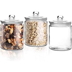 Set of 3 Glass Jar with Lid 1 Liter | Airtight Glass Storage Container for Food, Pasta, Coffee, Candy, Dog Treats, Snacks | Glass Organization Canisters for Home & Kitchen | 34 Ounces