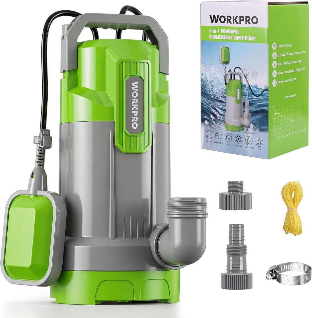 WORKPRO Sump Pump, 1HP 4500 GPH Submersible Water Pump with Automatic Float Switch for Transferring Clean or Dirty Water, A Water Pump for Pool Draining, Flooded Basement, Pond, and Garden Irrigation