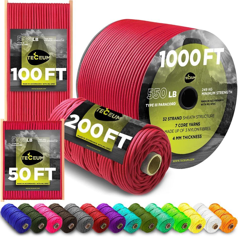 TECEUM 5/32" Paracord Rope 1000  1000ft / 200ft / 100ft / 50ft  Tactical Parachute Cord 4mm  45+ Colors  Nylon String for Survival & Camping Gear  Stripe Cord for Survival  Utility Rope (Crimson)