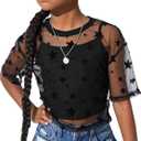 BEAUDRM Girl's 2 Piece Set Star Graphic Sheer Mesh Shirt Crew Neck Short Sleeve Crop Top with Camisole, Size 8Y