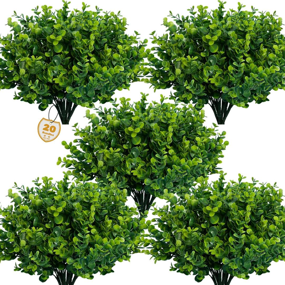 Lnoicy Artificial Greenery Plants Outdoor UV Resistant Fake Plants Boxwood Shrubs Grass, 20 Bundles for Farmhouse Home Garden Office Patio Backyard Wedding and Indoor Outdoor Decoration