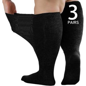 Wide Diabetic Socks for Men Women Plus Size, Extra Long Edema Sock with Thickened Sole, Non-Binding Loose Fit Socks for Swollen Feet, Lymphedema - 3 Pairs Black