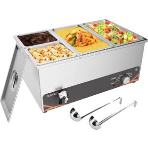 Commercial Food Warmer, 4 Pan Bain Marie Stainless Steel Electric Food Warmers, 1500W Buffet Warmer Soup Warmer with Temperature Control, Tap, Soup Spoon, for Catering, Parties, Restaurants (2*1/3+2*1/6 GN Pans)