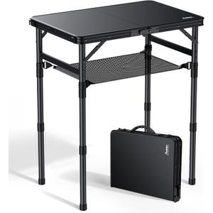 Anbte 2ft Small Folding Camping Table, Waterproof Flat Plastic Tabletop 3 Adjustable Height Portable Camping Table with Storage Net, for Picnic Indoor Outdoor Travel Beach, 22.8" X 15.7", Pure Black