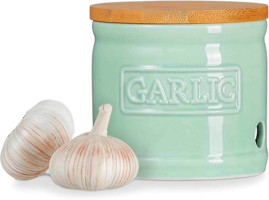 ONEMORE Garlic Keeper for Counter, Garlic Holder Countertop Storage Container, Garlic Saver Keeper with Lid, Ceramic Garlic Jar for Kitchen, Mint Green