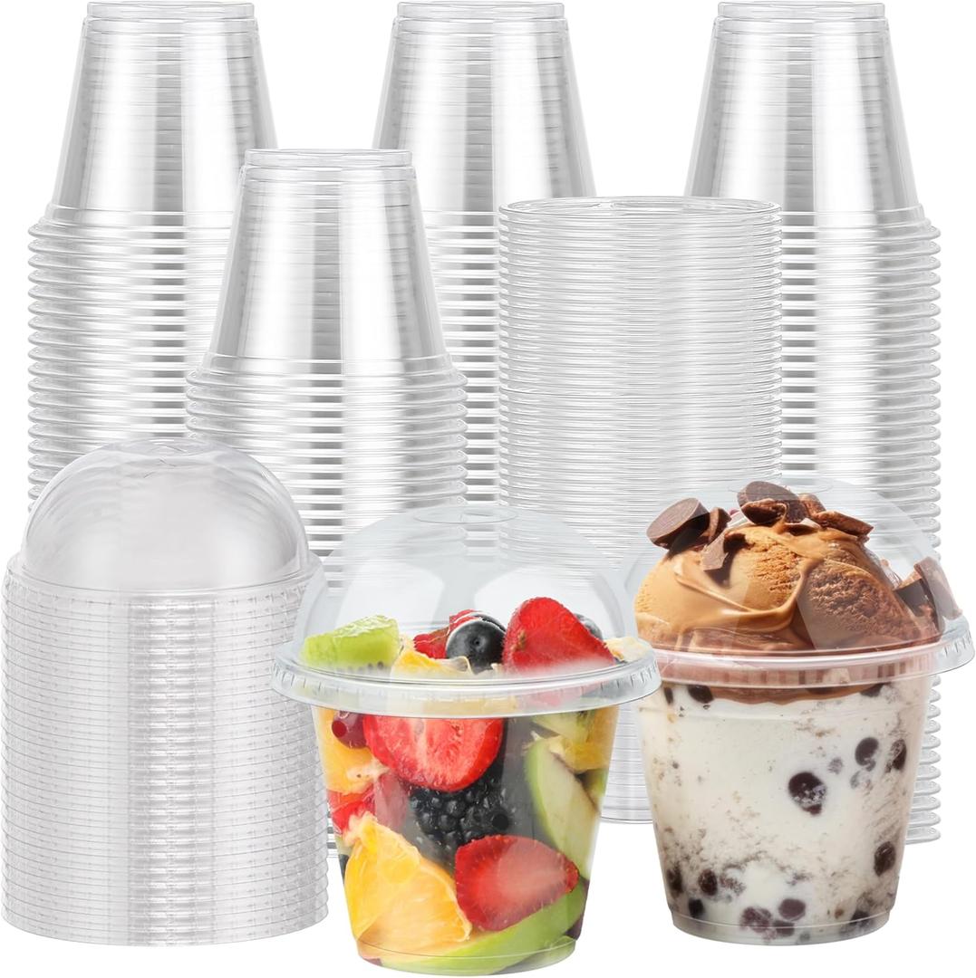 Lamosi 300 Pack 9 oz Clear Plastic Cups with Lids, Disposable Cups with No Hole Dome Lids, Ideal for Ice Cream, Cold Drinks, Fruit, Dessert, Yogurt Parfait