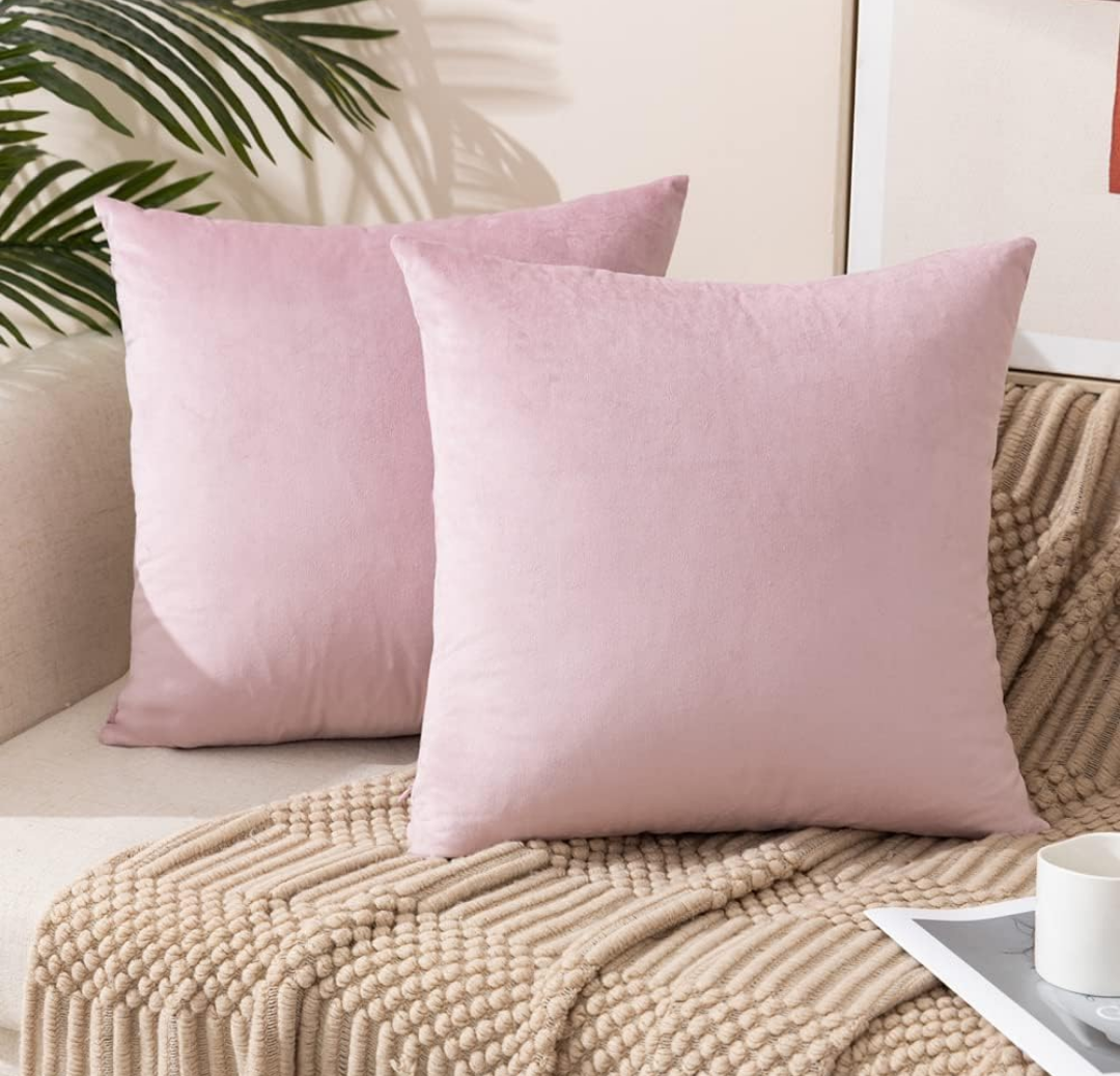 ETASOP Velvet Pillow Covers with Inserts Included 18x18, Pack of 4 Soft Solid Decorative Throw Pillows for Sofa Bedroom Car (Light Pink)