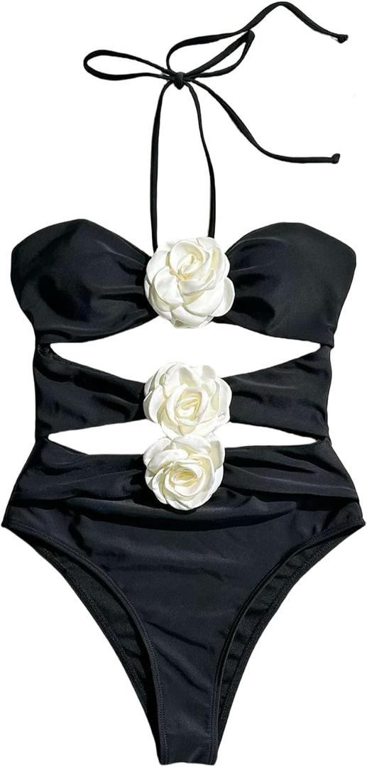 Women's One Piece Halter Top with Flower Decoration Bikini Bathing Swimsuits (Black)