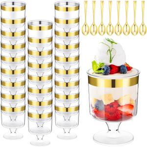 Yinder 200 Pcs Mini Dessert Cups with Spoons Include 100 Disposable Plastic Mousse Cups 100 Tasting Spoons Clear Plastic Parfait Glasses Dessert Bowls for Wedding Party(5 Oz,Gold)