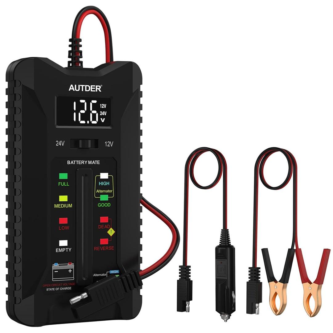 AUTDER Car Battery Tester and Alternator Tester 12V/24V with LCD Display and LED Indication Automotive Battery Voltage Meter for Cars Trucks Motorcycles (Black)