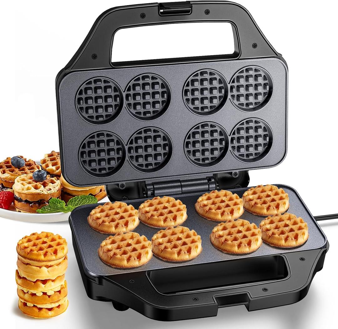 Mini Waffle Maker Machine, 8 Small Waffle Bites, Nonstick Waffle Iron with Quick Heat-Up, Easy Breakfast Makers for Home, Family, Snacks or Desserts (Black)
