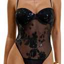 MakeMeChic Women's Sequin Mesh Bodysuit Party Sparkly Glitter Sleeveless Cami Leotard Tops (Medium, Black)