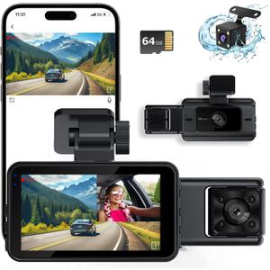 Dash Cam Front and Rear, Dash Camera for Cars, Car Camera with 64GB Card, G-Sensor, 3 IPS Screen, 24Hr Parking, 170Wide Angle, Loop Recording, IR Night VisionG-Sensor