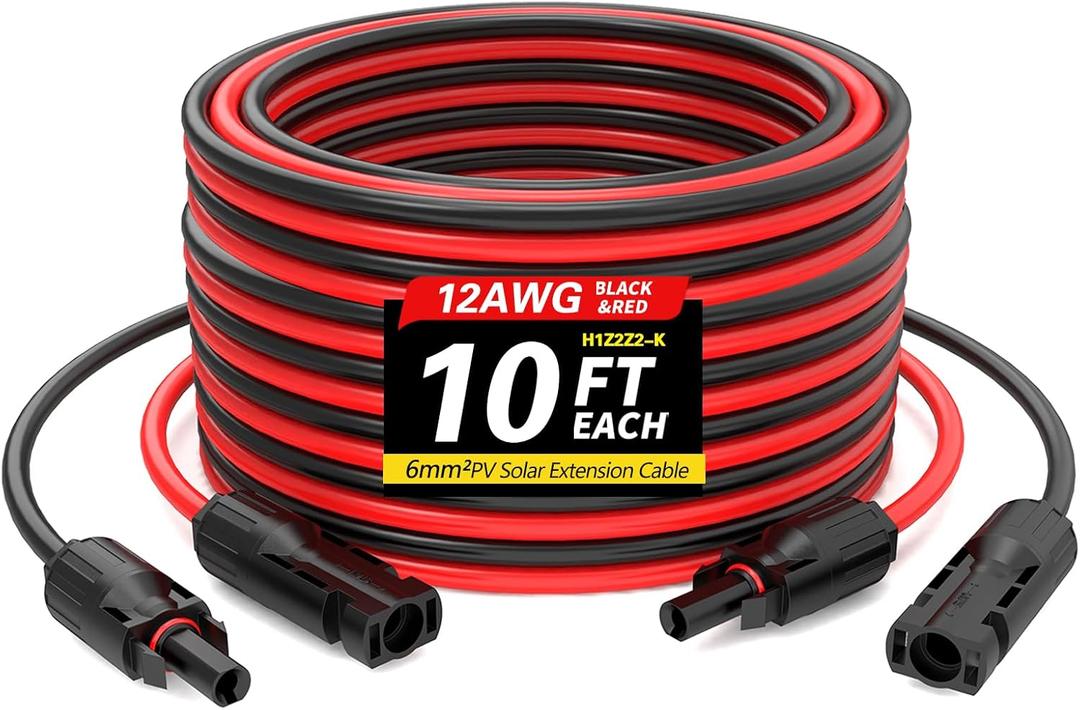 12AWG Solar Extension Cable (10FT Black & 10Ft Red) with Male to Female Solar Connectors Pure Copper Extension Cord, 10 Feet Solar Cable 12AWG Solar Extension Cable (10FT Black & 10Ft Red) with Male to Female Solar Connectors Pure Copper Extension Cord, 10 Feet Solar Cable