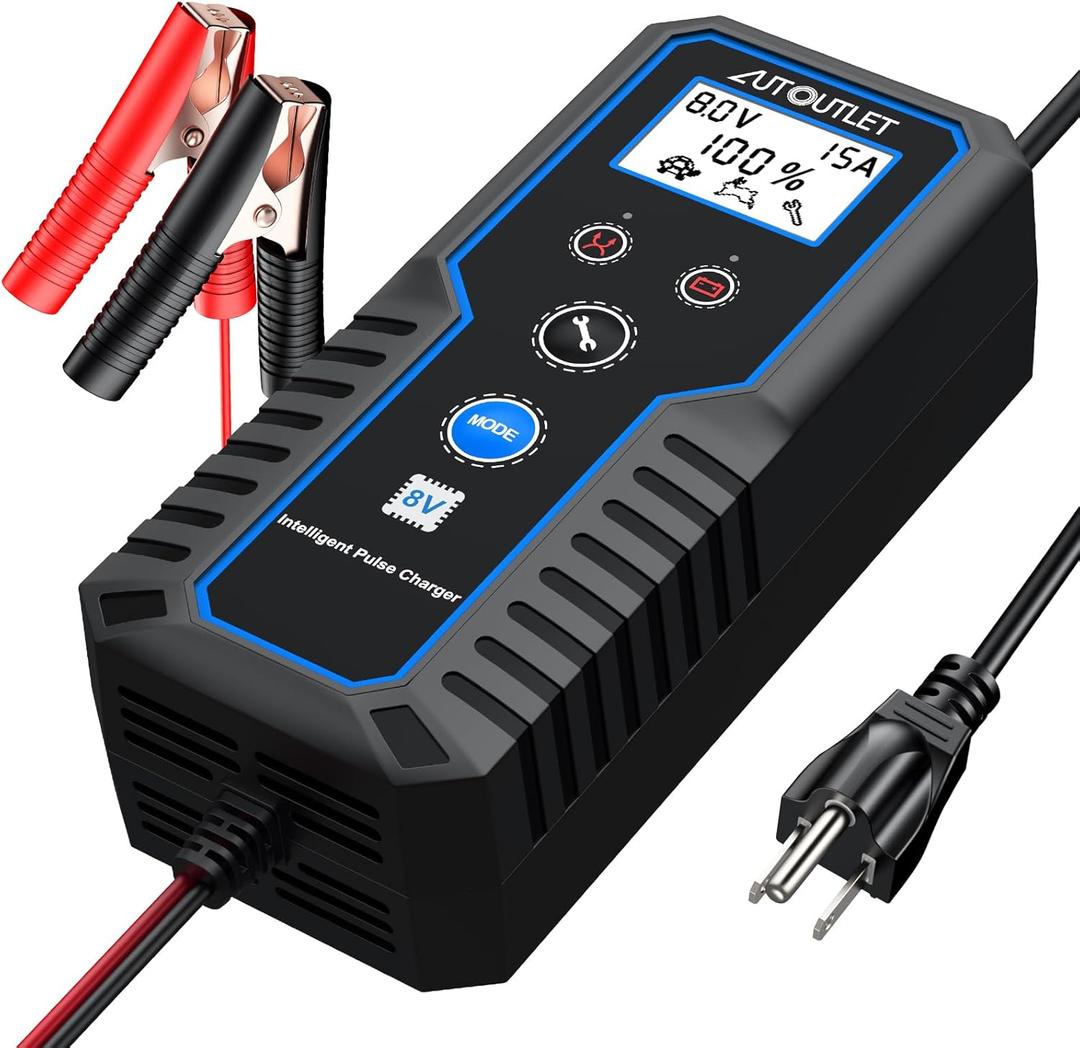 AUTOUTLET 8V Golf Cart Battery Charger 015A Smart Automatic, Trickle Charger & Battery Maintainer with LCD Display, PWM 4-Stage Charging for AGM Gel Lead Acid Batteries