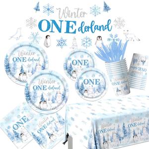 142Pcs Winter Onederland 1st Birthday Decorations Snowflake Plates and Napkins Sets with Tablecloth and Banner Penguin 1st Birthday Decorations with Polar Animals Winter First Birthday Decorations