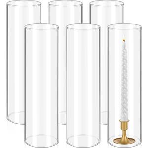 6 Pcs Hurricane Candle Holder Sleeve, H:12" D:4" Bottomless Glass Cylinder Candleholder Tall Clear Glass Cylinder Open Both Ends, Chimney Tube Cover, Open Ended Candle Shade
