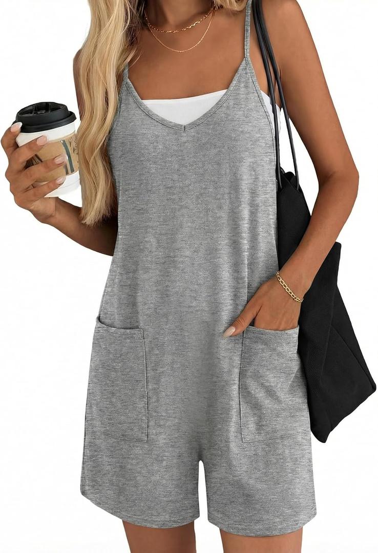 Ekouaer Womens Summer Casual Sleeveless Rompers Loose Spaghetti Strap Shorts Overalls Outfits 2025 Jumpsuits With Pockets (Gray)