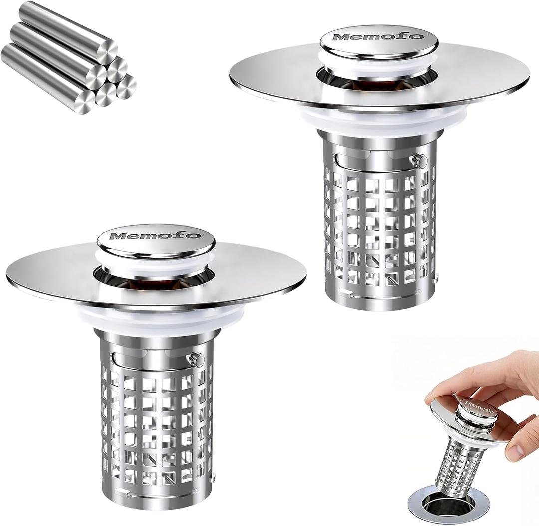 Bathroom Sink Stopper, (2PCS) Stainless Steel Pop-up Sink Stopper Hair Catcher with Removable Basket, Brass Bullet Core, Universal Fit 1.1-2.44 Inch