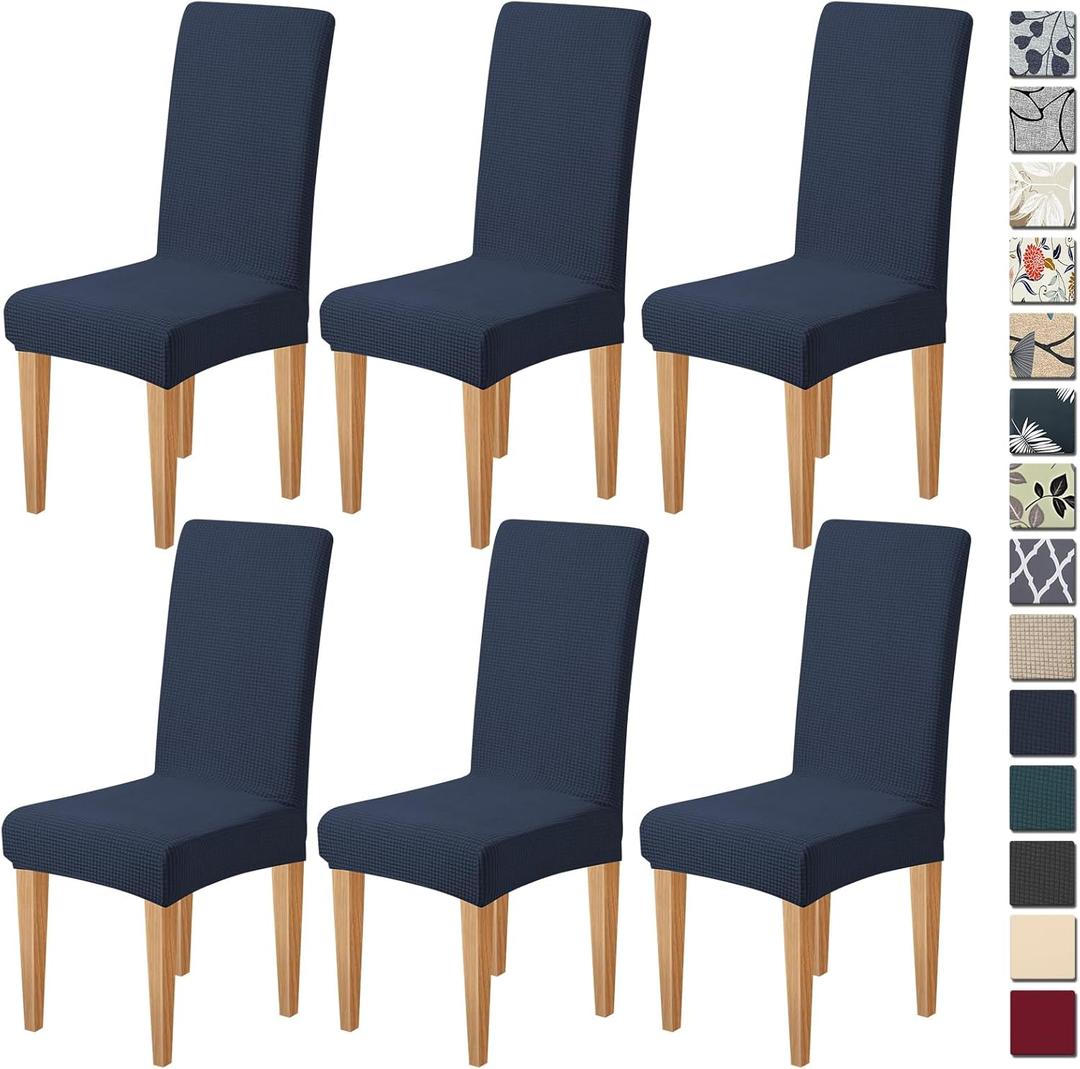 Dioxide Stretch Chair Covers for Dining Chairs, Washable Dining Chair Covers Set of 6, Soft Kitchen Chairs Seat Covers, Jacquard Parson Chair Slipcover Protectors for Home Hotel Restaurant Banquet (Navy Blue)